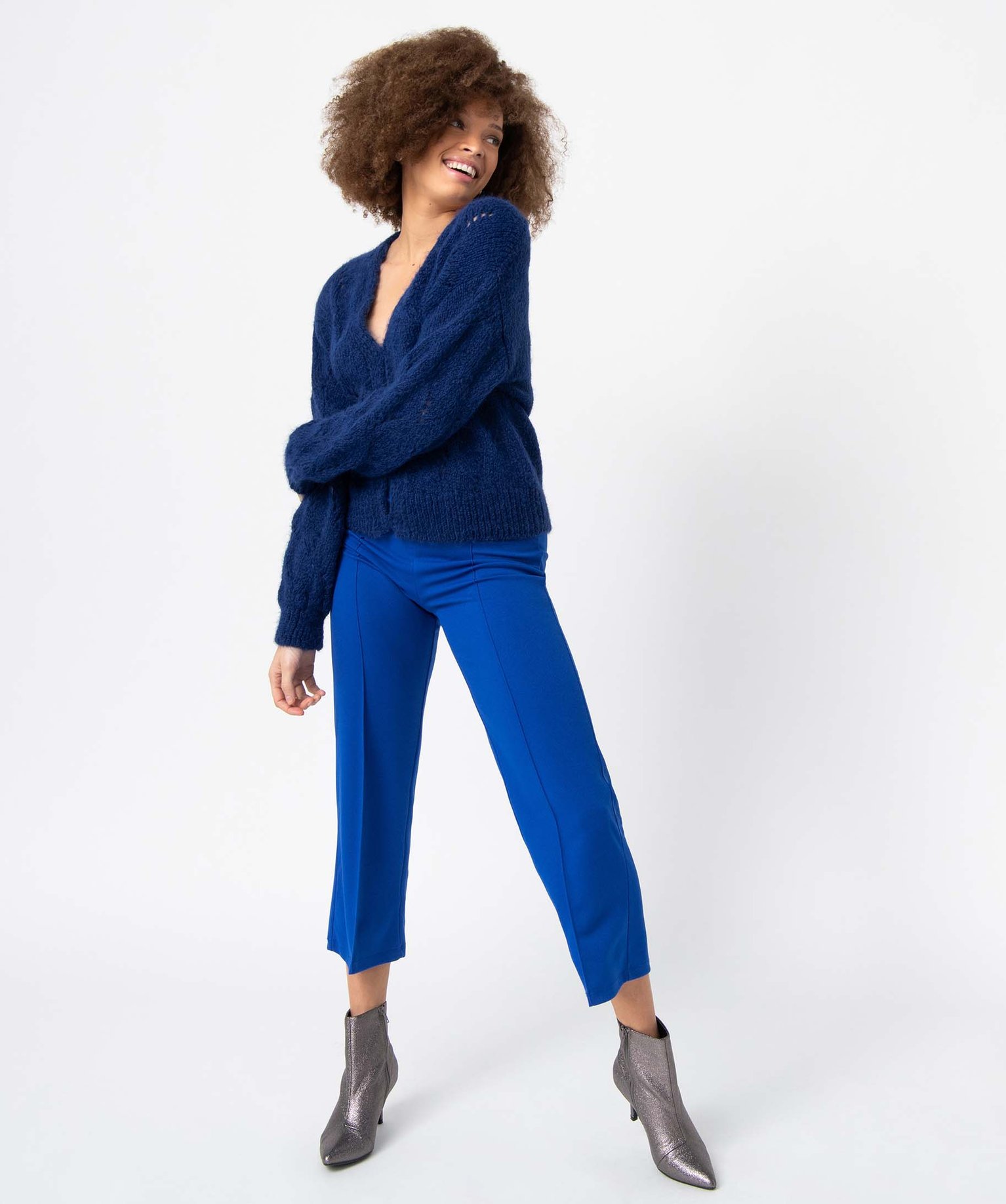 Pantalon femme en toile coupe large bleu | GEMO