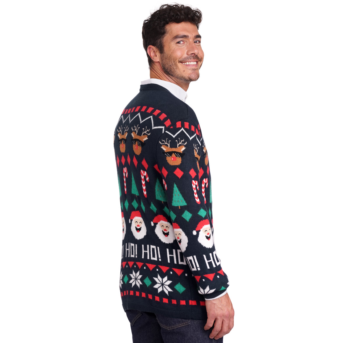Herren Weihnachtspullover mit Allover-Motiven dunkelblau / rot / grün