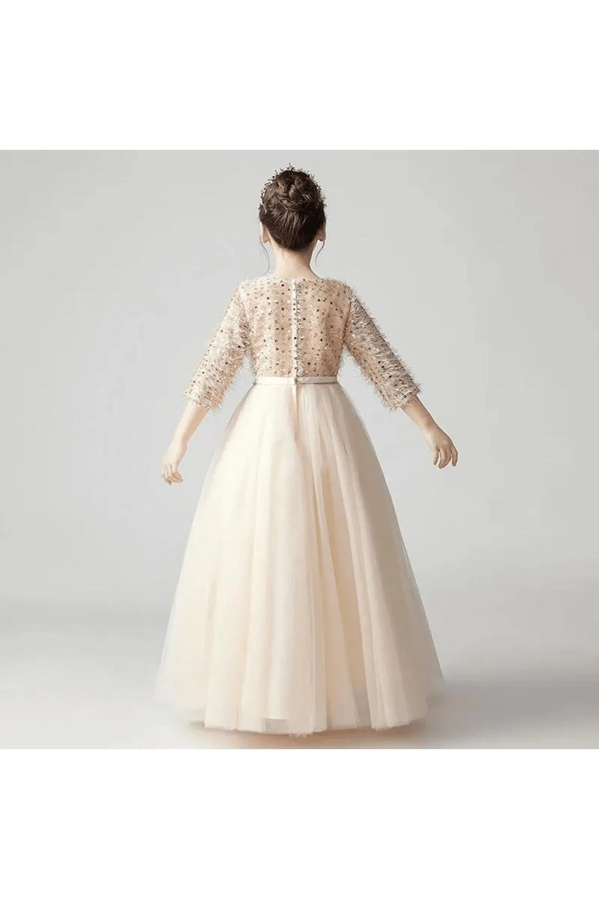Mashotrend  Bled Abendkleid für Mädchen mit Pailletten und Fransen – Tarlatan Kinder-Abendkleid Langarm-Abendkleid für Mädchen
