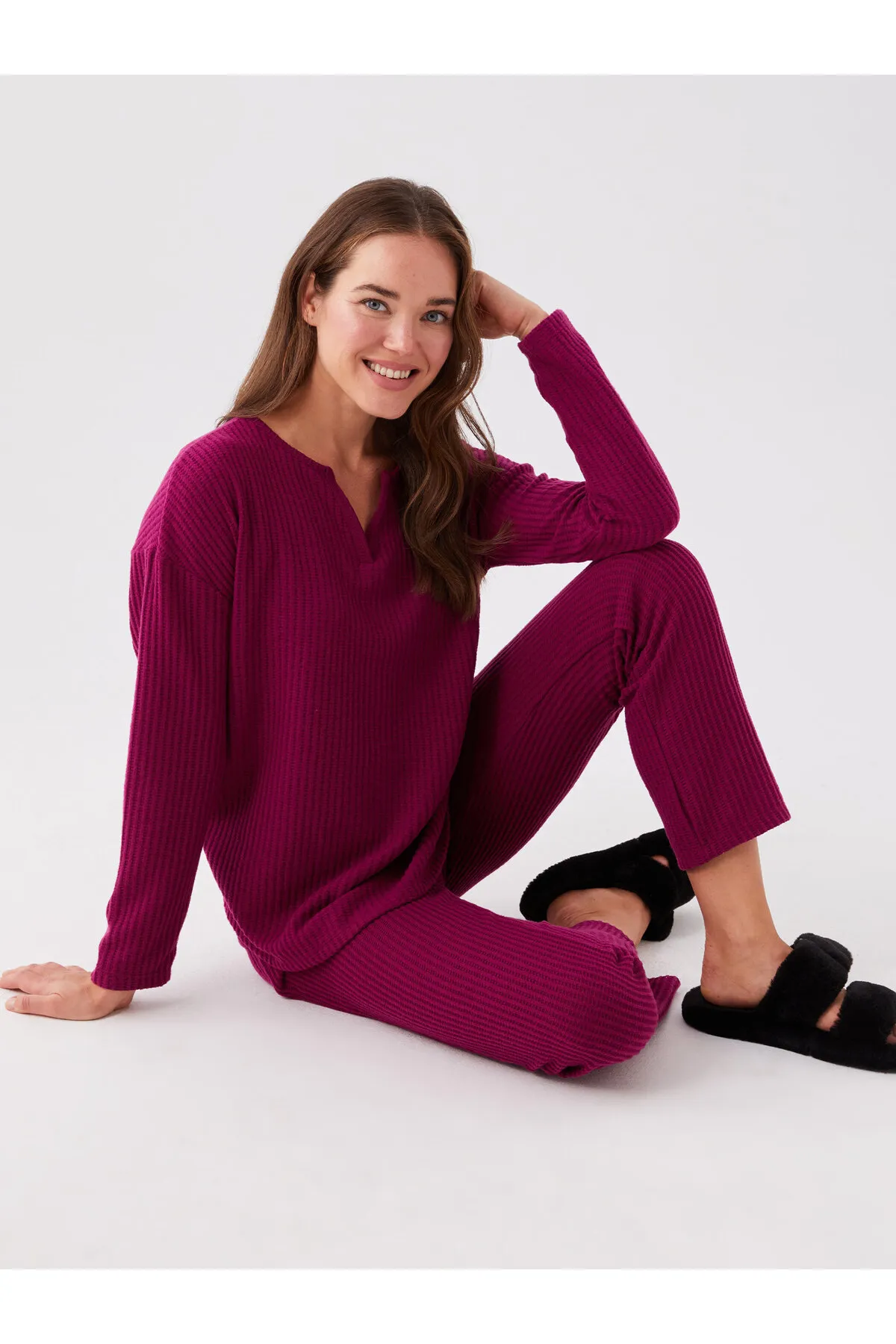 LC Waikiki  Damen-Pyjama-Set mit lockerem Kragen, einfarbig, langärmelig