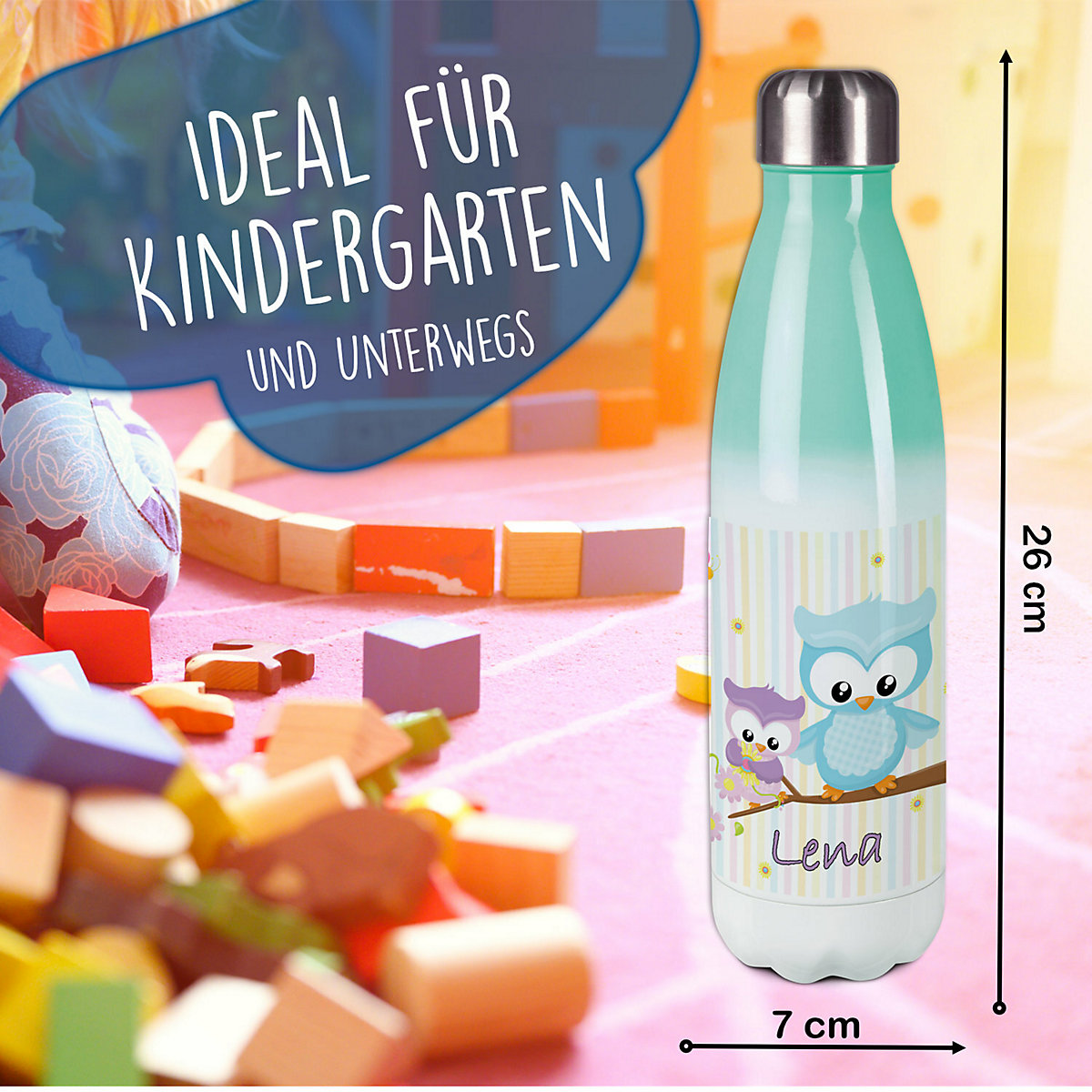 Edelstahl Kinder Thermoflasche / Trinkflasche bunt Eule Frühling Spülmaschinenfest, Auslaufsicher, Bruchfest, Doppelwandig, Für Heißgetränke geeignet, Mit Deckel, Isoliert