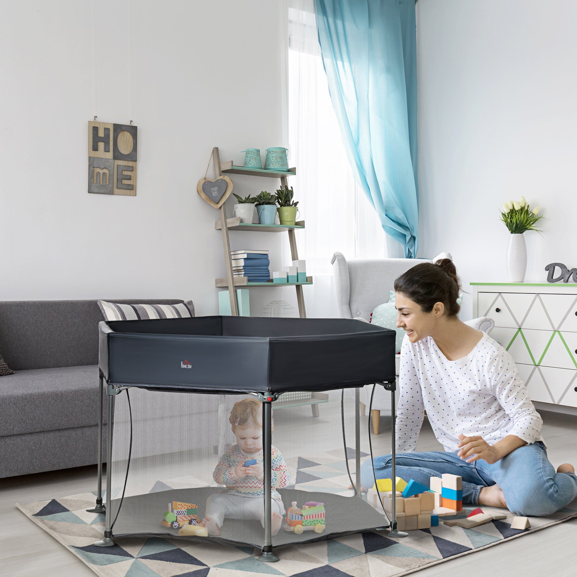 HOMCOM Laufgitter Laufstall klappbar tragbar 134 cm x 134 cm x 83 cm Mesh PP Grau (Set, 1-tlg), zusammenklappbar