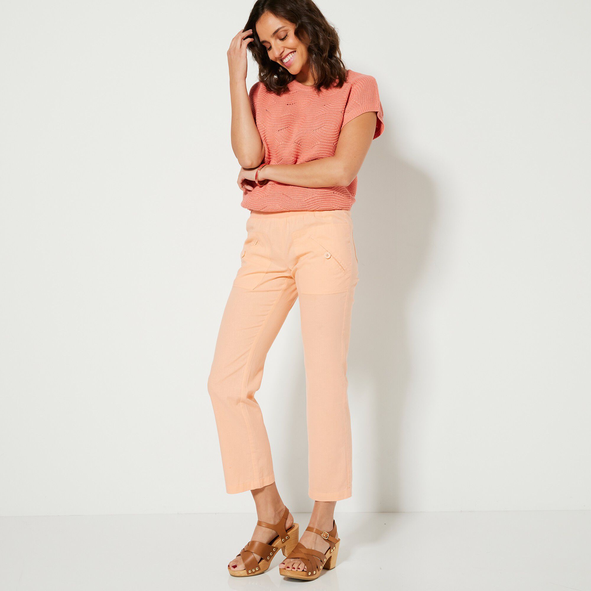 Pantalon coupe droite 7/8ème taille élastiquée, lin coton