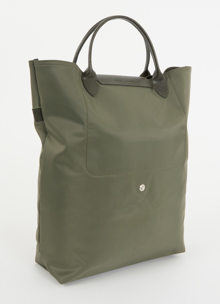 Geantă verde Longchamp Le Pliage, mărimea M, cu detalii din piele.