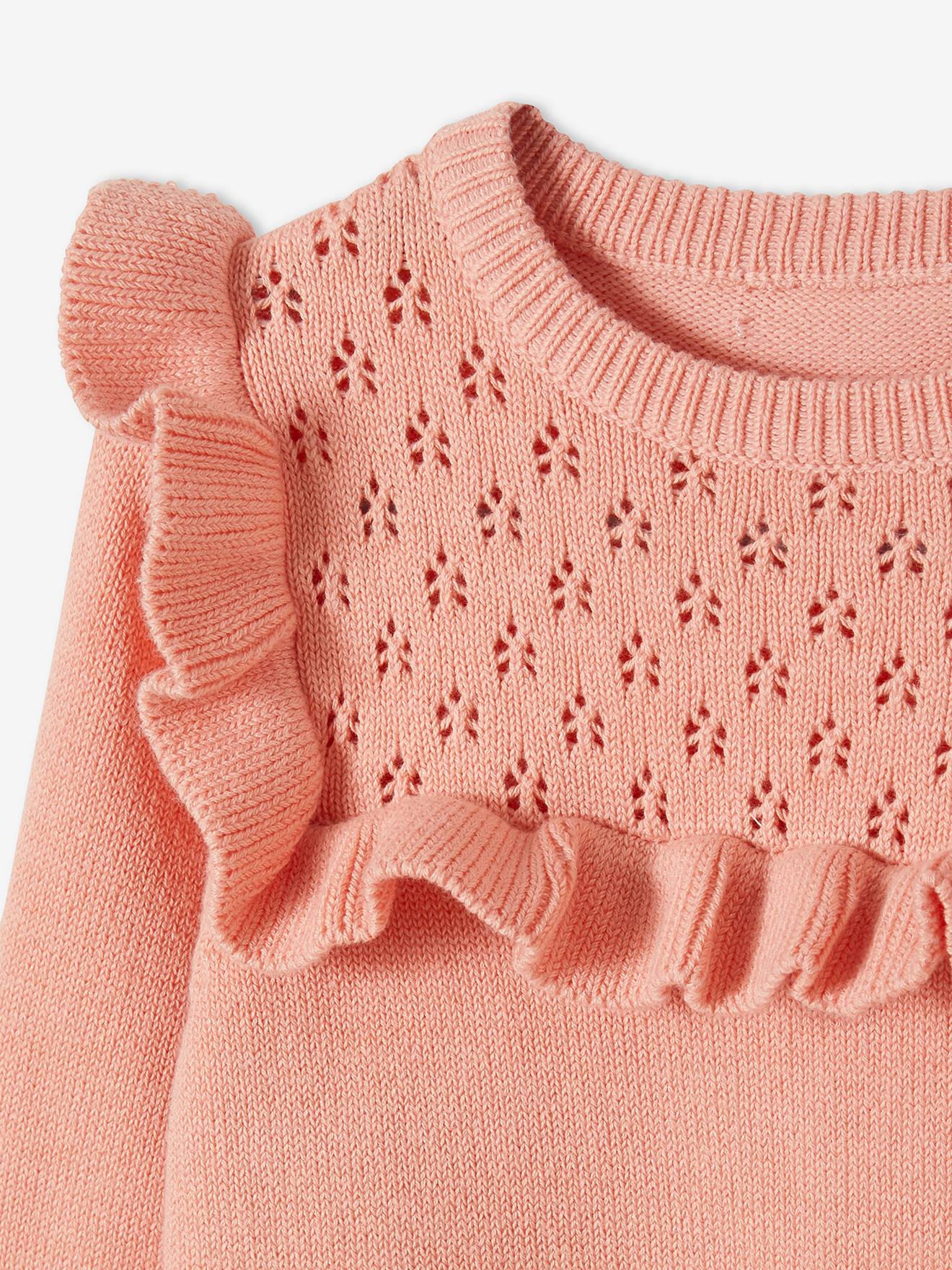 Pull à volant fille détail maille ajourée corail