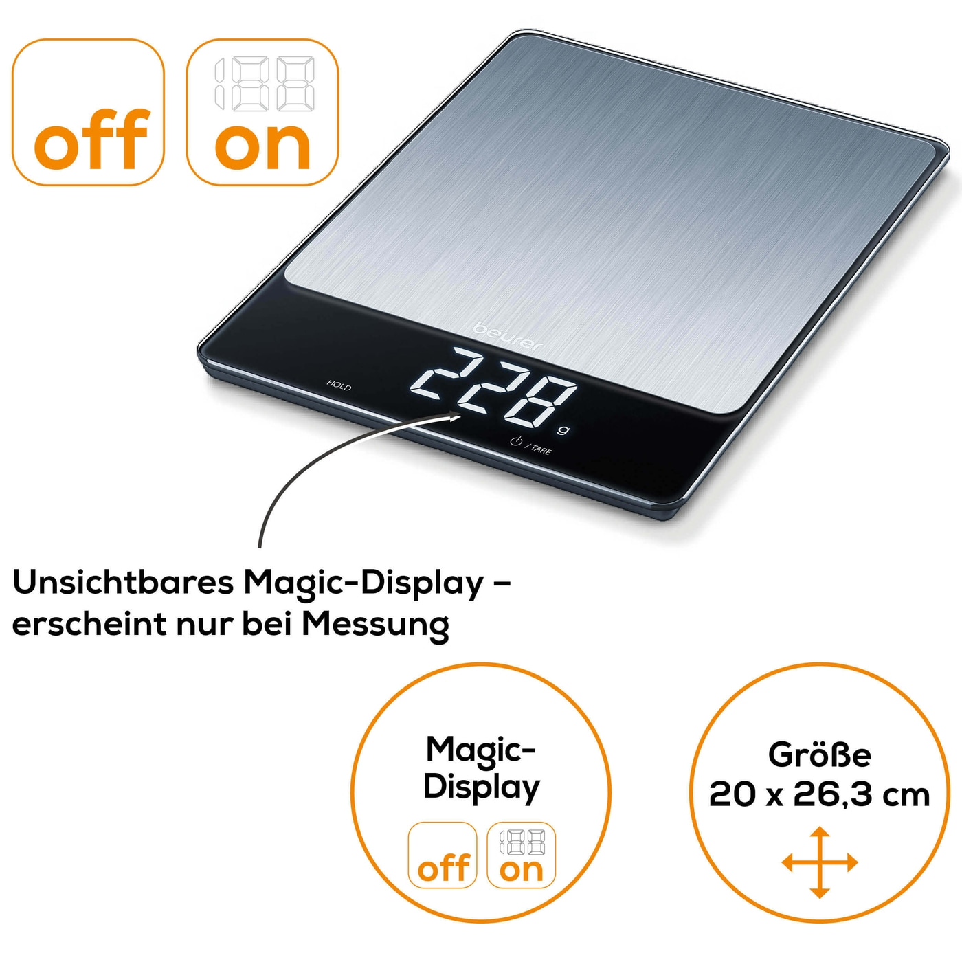 Beurer KS 34 XL Stainless Steel Küchenwaage-Edle XL Küchenwaage im Edelstahl-Design mit Magic-Display bis 15 kg