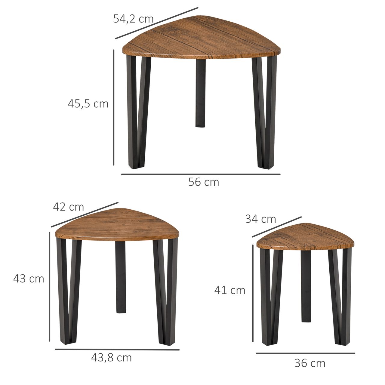 HOMCOM 3er Set Couchtisch, Stapeltisch, Beistelltisch, Kaffeetisch, Satztisch, MDF, Natur Schwarz, 56 x 54,2 x 45,5 cm/42 x 43,8 x 43 cm/36 x 34 x 41 cm