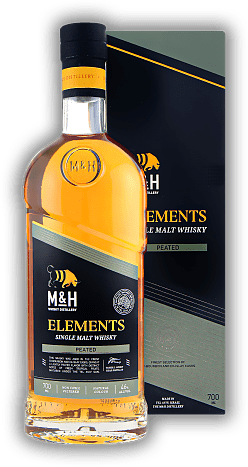 M&H Elements Peated Single Malt Whisky M&H Elements Peated Single Malt Whisky Der Atlantik trifft auf das Mittelmeer. Ein sanfter, eher weicher und leicht getorfter Whisky. 0,7	 Liter - Vol 46%