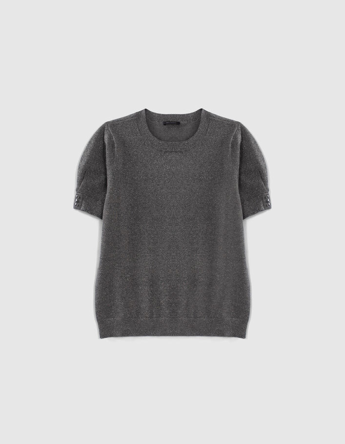 Pull gris tricot pailleté manches courtes Femme
