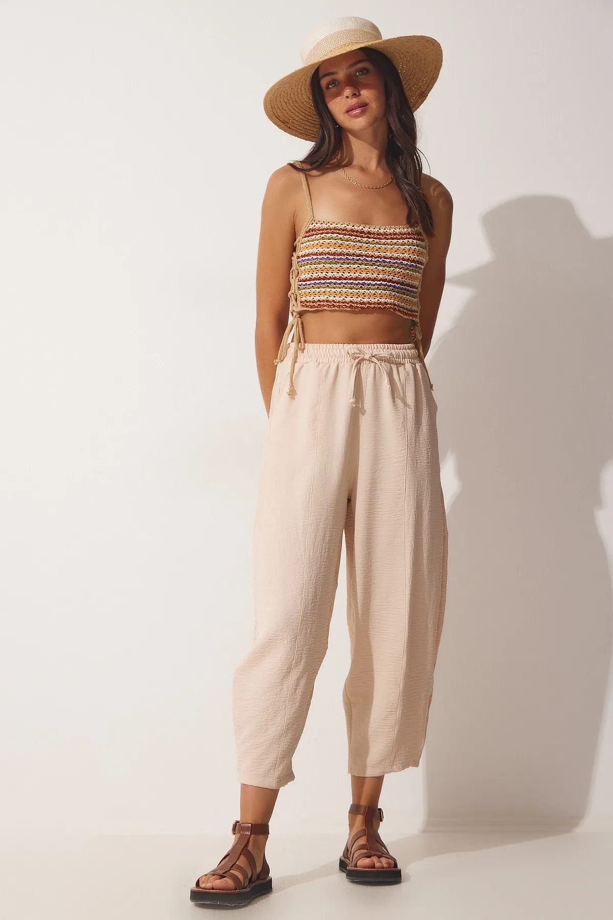 Happiness İstanbul  Shalwar-Hose aus hellcremefarbenem Leinen für Damen CI00036