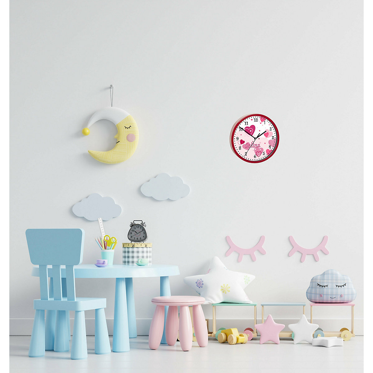 Kinder Wanduhr personalisiert mit Name Herz Rosa
