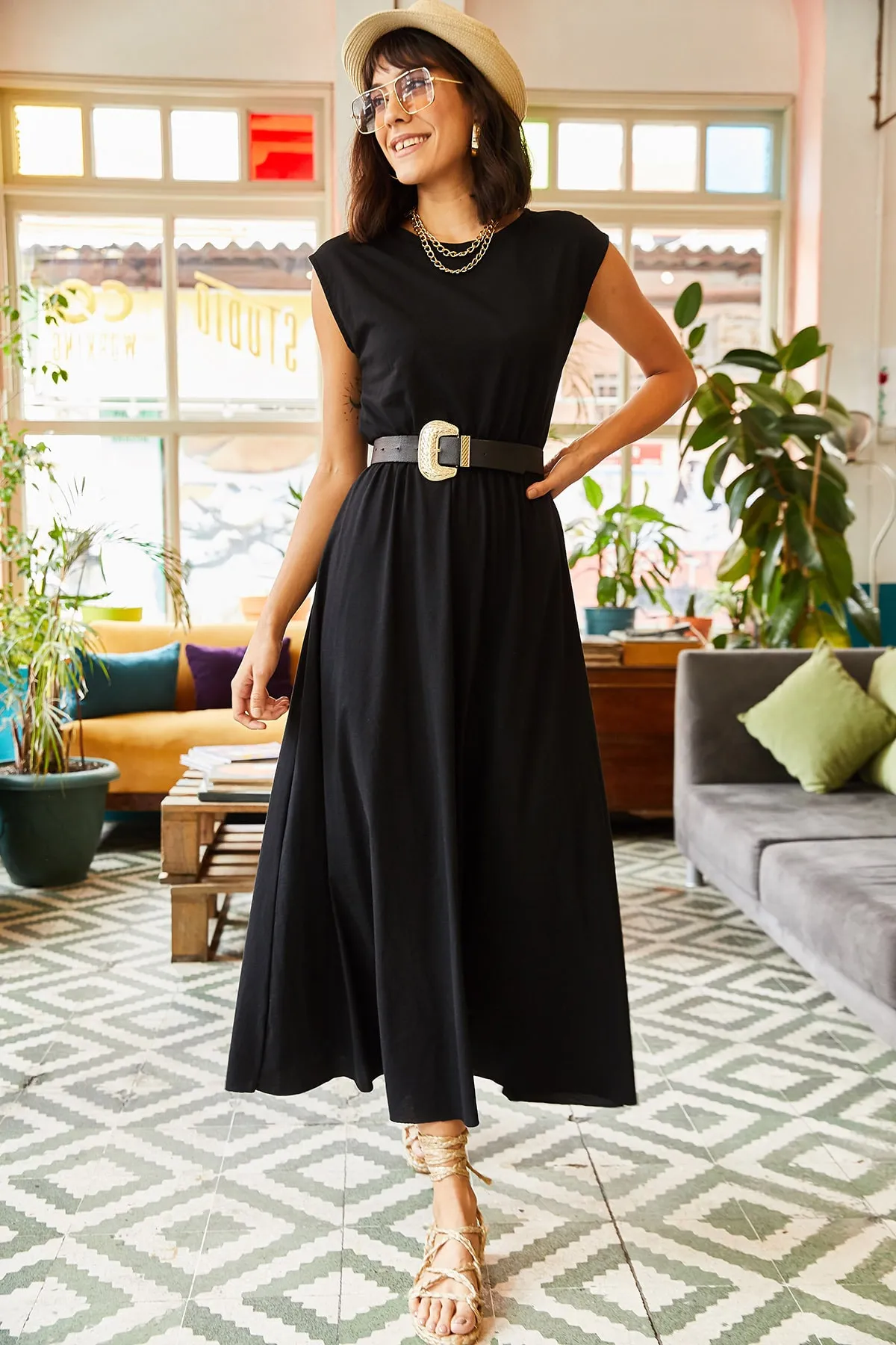 Olalook  Damenkleid aus gekämmter Baumwolle mit elastischem Bund in Schwarz ELB-19001509