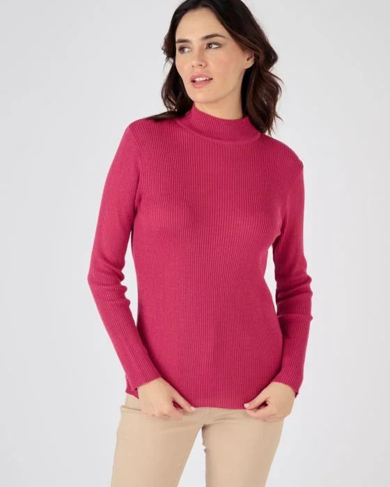 Pull col montant, 50% laine mérinos, uni et rayé
