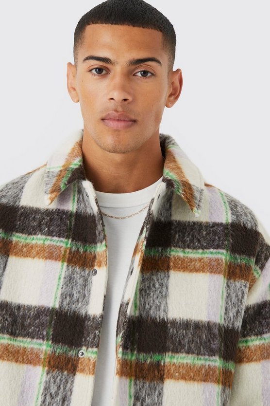 Karierte Oversize Harrington-Jacke in Wolloptik