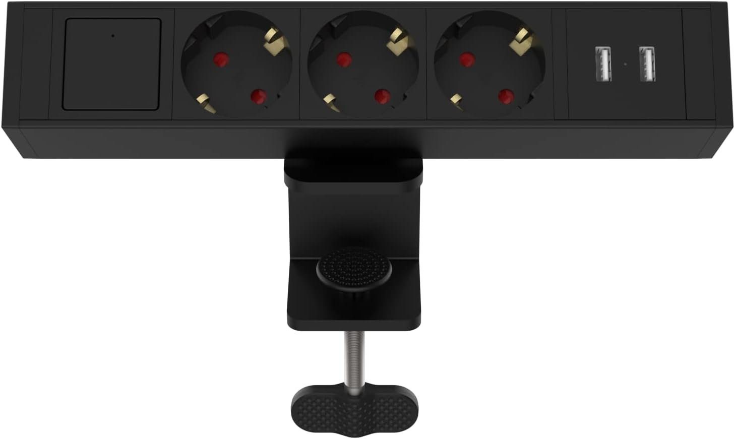 Super Solu Tischsteckdosenleiste mit Schalter /3-Fach und 2 USB Mehrfachsteckdose Steckdosenleiste 3-fach (Ein- / Ausschalter, Übersapannungschutz, Kabellänge 1.8 m), Schwarz, Bewegliche Schiebeschiene mit Metall Desktop Clip