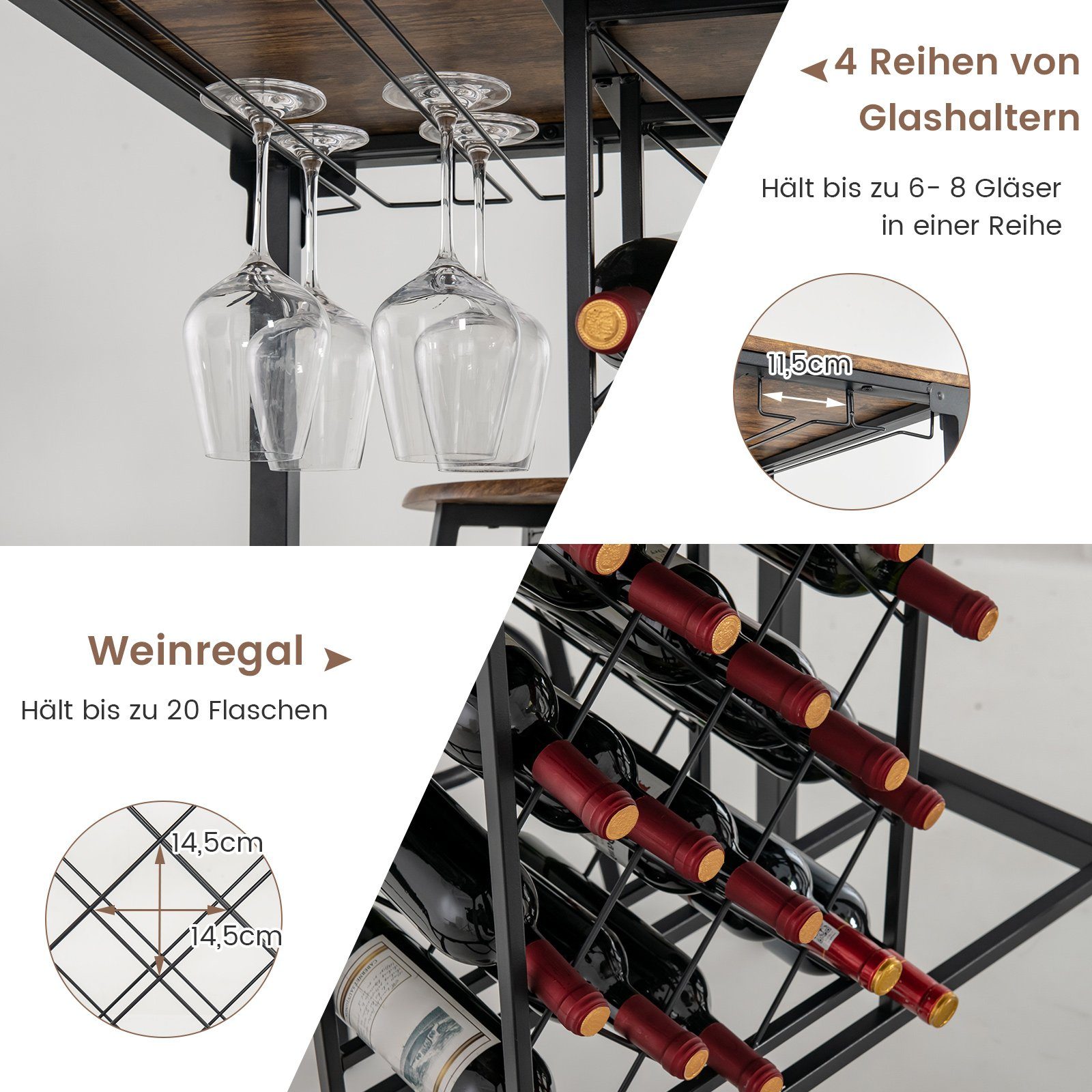 COSTWAY Bartisch, 5-tlg. mit 4 Barhockern, Weinregal und Glashalter