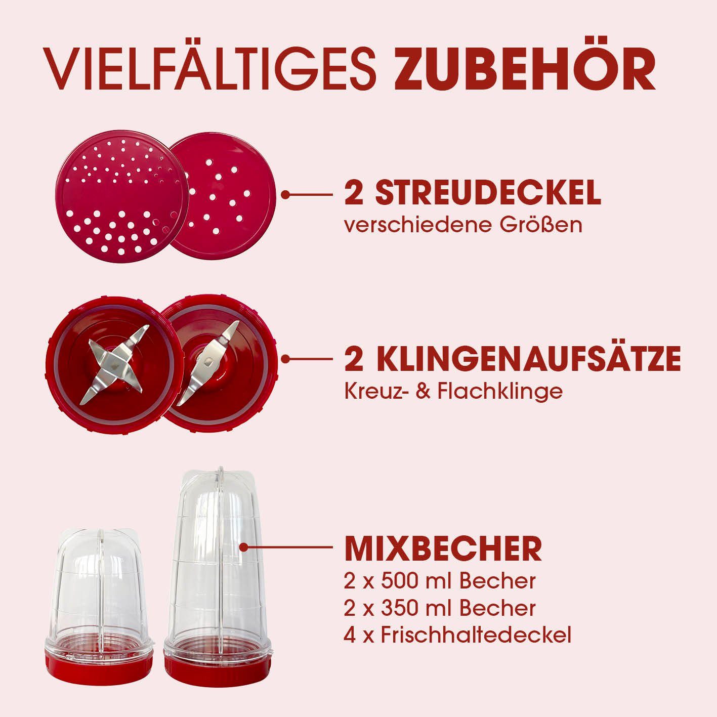 Mr. Magic Standmixer Smoothie Maker inkl. To-Go Becher, 400 W, rot 18 Teile - spülmaschinengeeignet