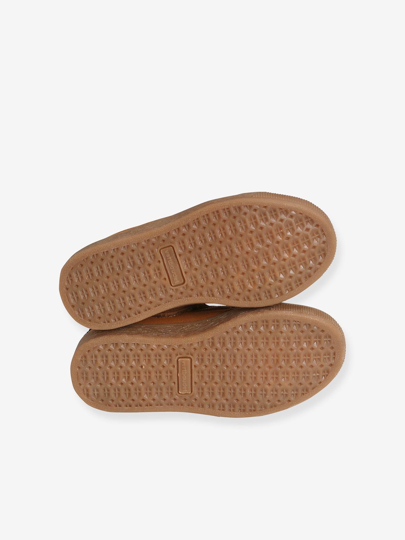Baskets cuir fille lacées et zippées détails paillettes camel avec paillette