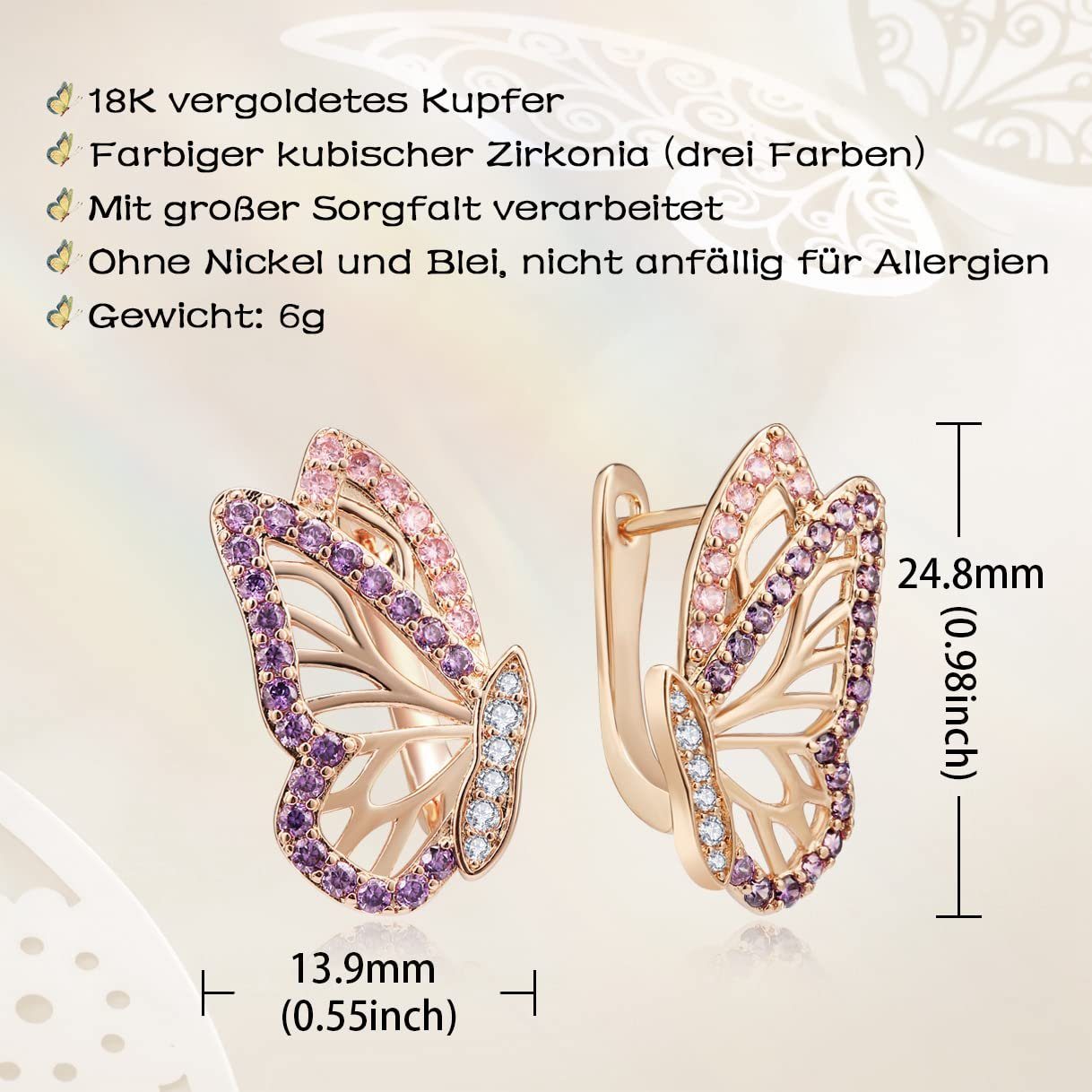 POCHUMIDUU Paar Ohrhänger Schmetterling Ohrringe für Frauen, Gold Hoop Ohrringe (2-tlg., Rose Gold Schmetterling Ohrringe), Trendy hypoallergene Ohrstecker mit kubischem Zirkoniumdioxid