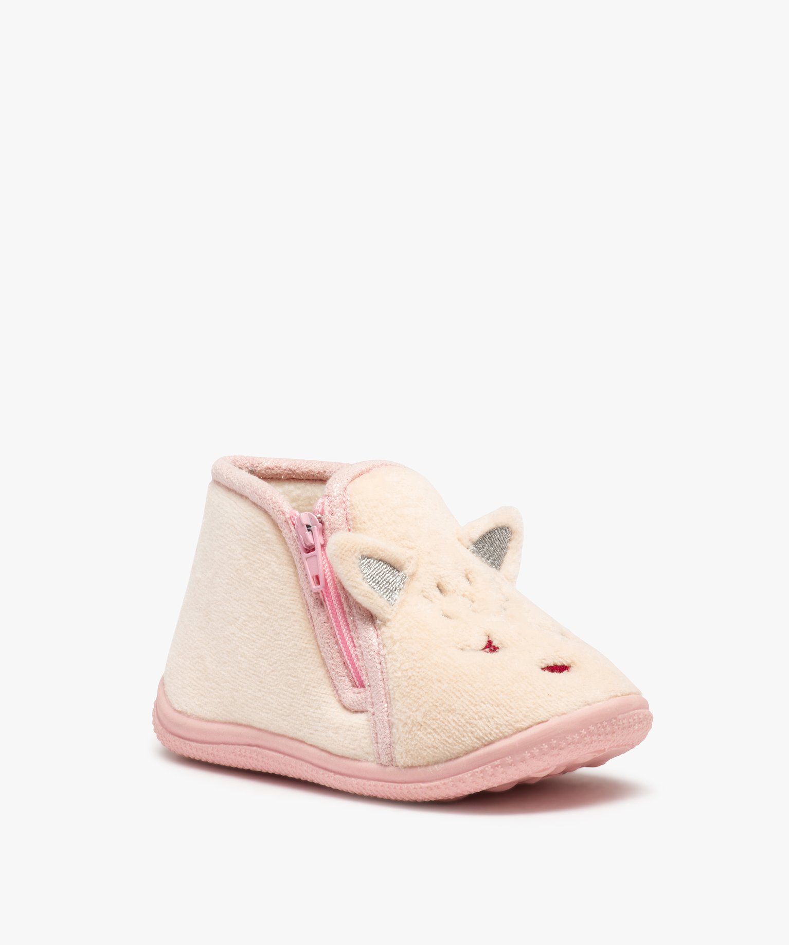 Chaussons fille bottillons zippés avec oreilles en relief beige | GEMO