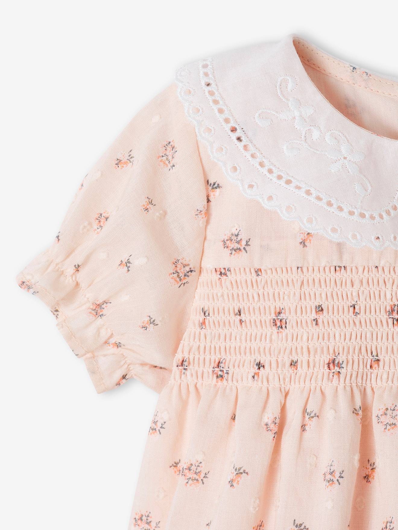 Vertbaudet Gesmoktes Baby Kleid mit besticktem Kragen - hellrosa