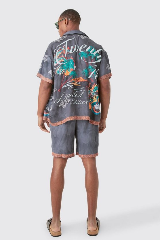 Kastiges Viskose-Hemd und Shorts mit Drachen-Print