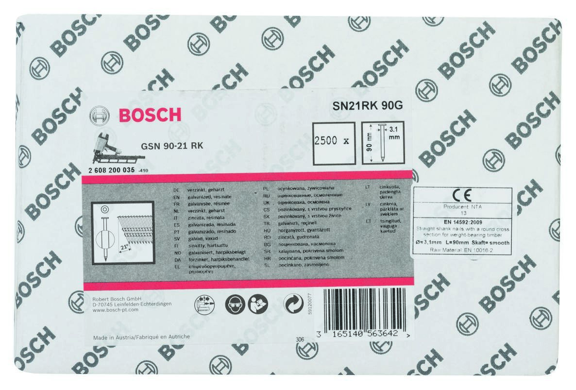 Bosch Blue Accessories 2608200035 SN21RK 90G Strip Nail 21° Galvanized Smooth 90 mm 2500 pieces