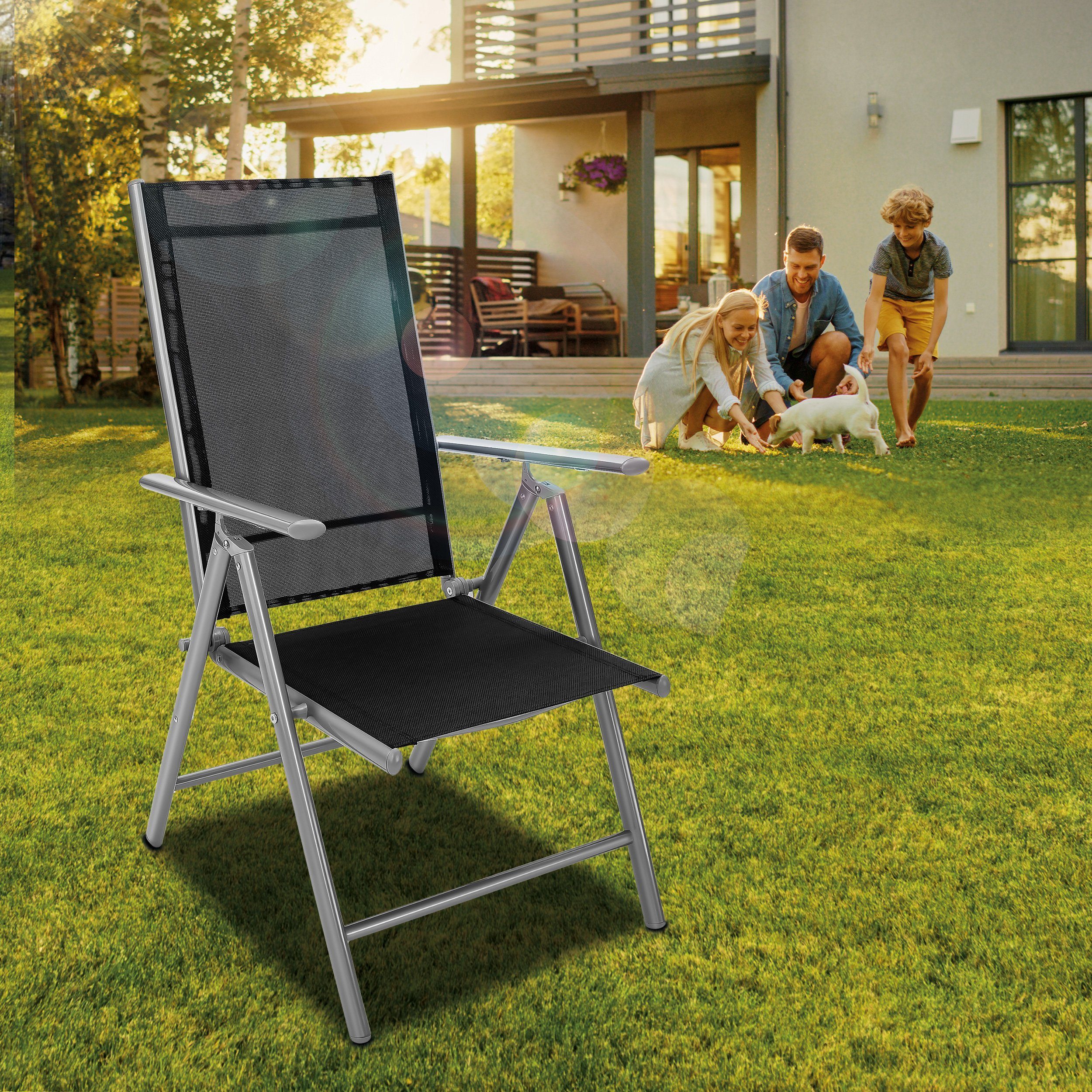tillvex Gartenstuhl Hochlehner klappbar aus Aluminium Gartenstühle Alu mit Armlehnen (Klappstuhl verstellbar & wetterfest), Lehne 7-Fach verstellbar Balkon Garten Terrasse