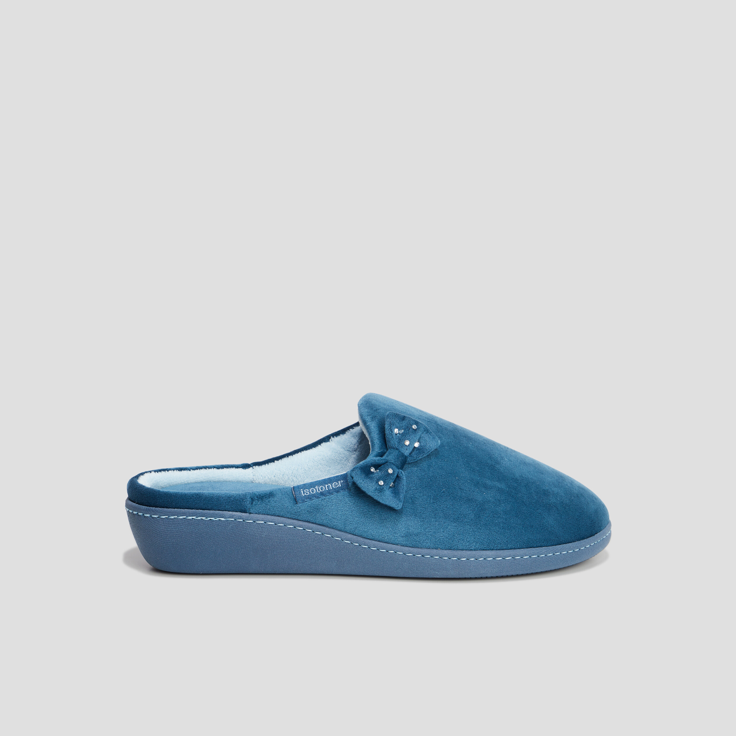 Chaussons mules velours Isotoner bleu canard femme | La Halle