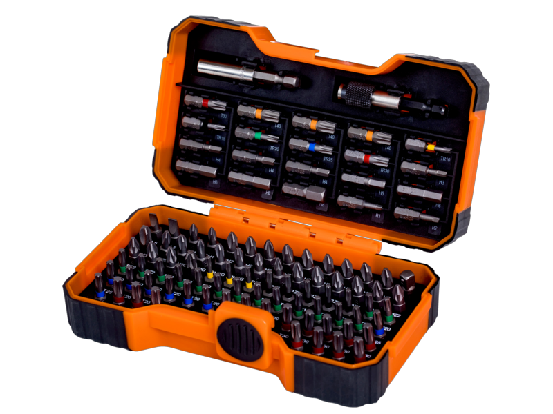 Set di punte Bahco 59/S100BC, 100 pezzi con punte Gleuf, Phillips, Pozidriv, esagonali, Robertson e TORX® colorate, tampone TORX®, punte
