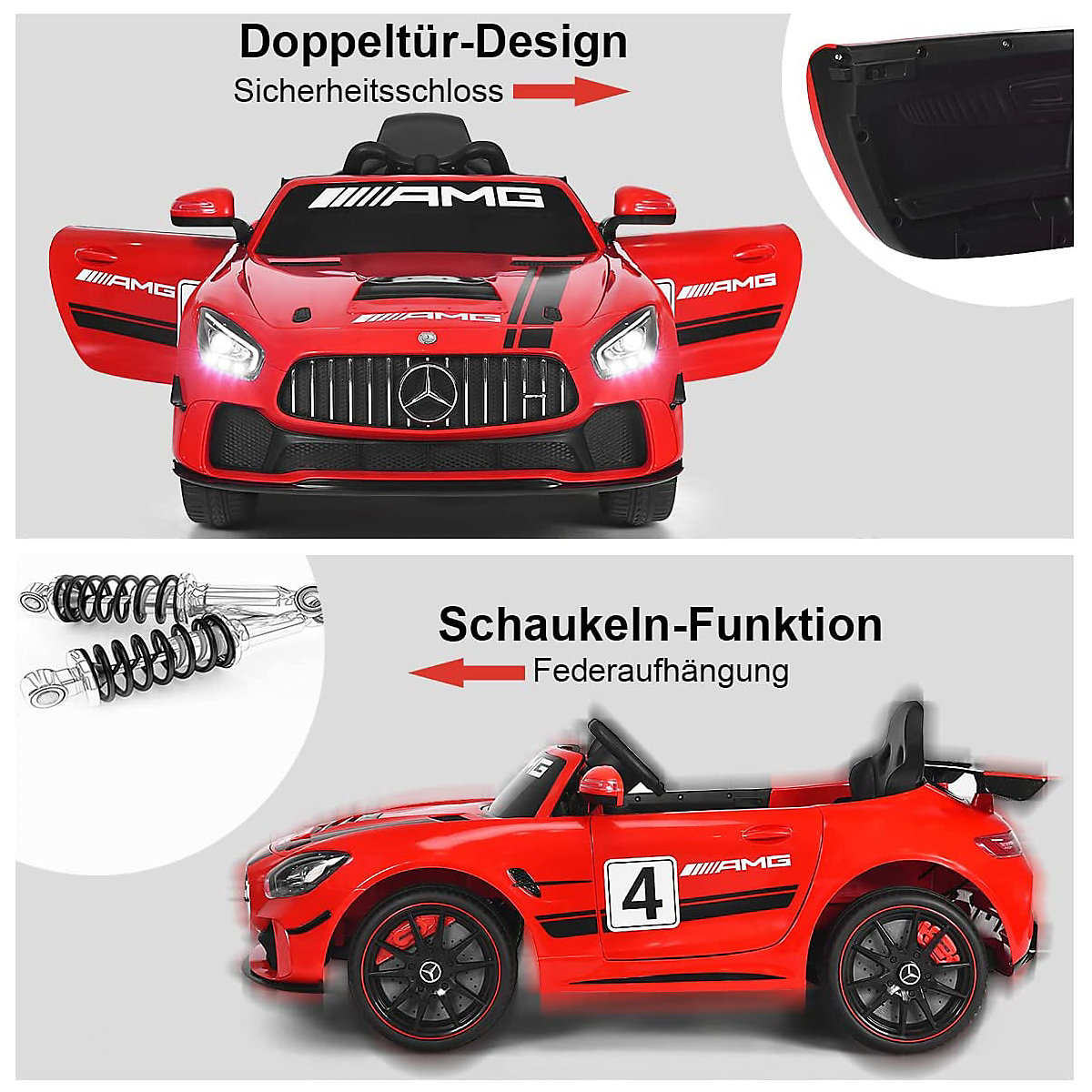 Elektroauto Mercedes AMG GT4 mit Schaukelpferd-Funktion