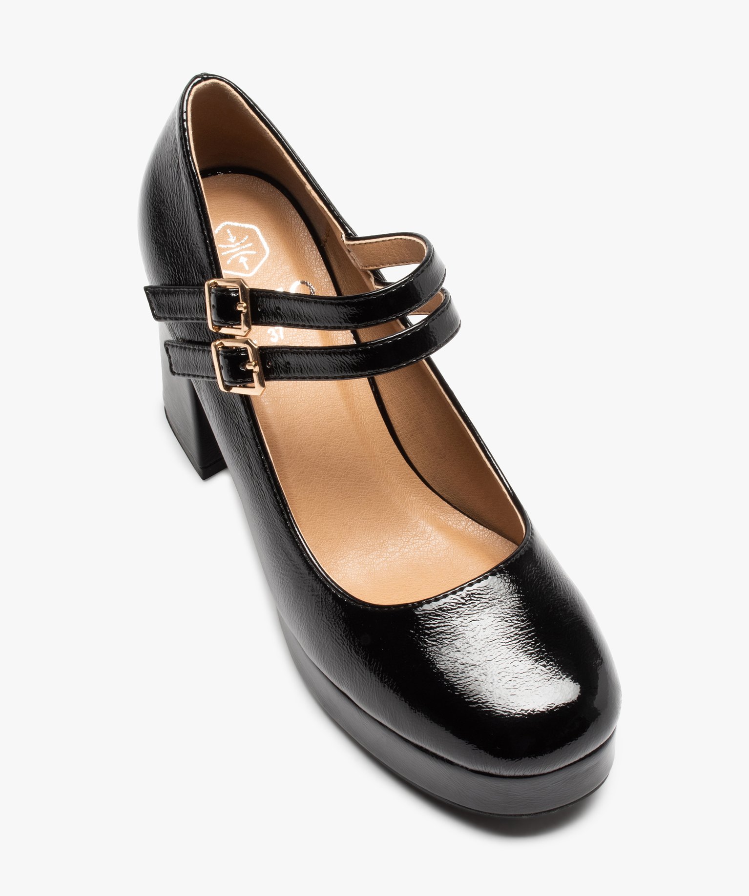 Escarpins babies vernis à talon et double bride femme noir | GEMO