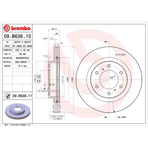Bremsscheibe Brembo Vorderachse  1 Stück 09.B636.11 - ATU
