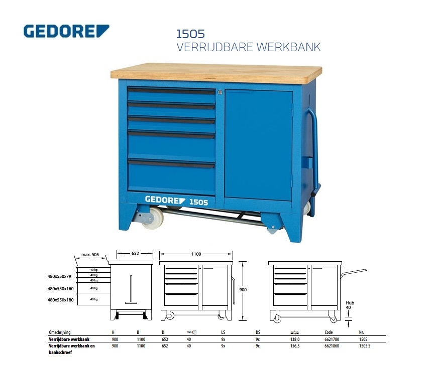Gedore 6621780 1505 Κινητός πάγκος εργασίας με 5 συρτάρια και αποθηκευτικό χώρο