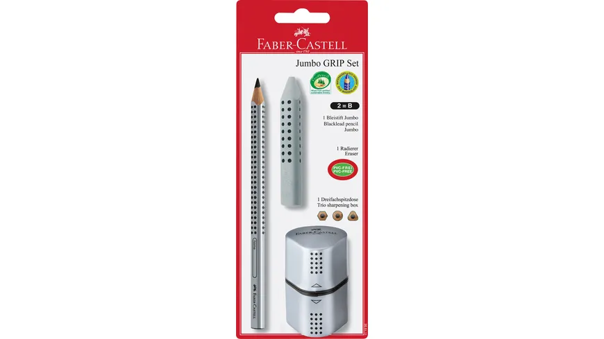 FABER-CASTELL Jumbo GRIP 3tlg.-Set Bleistift, Radierer, Spitzerdose