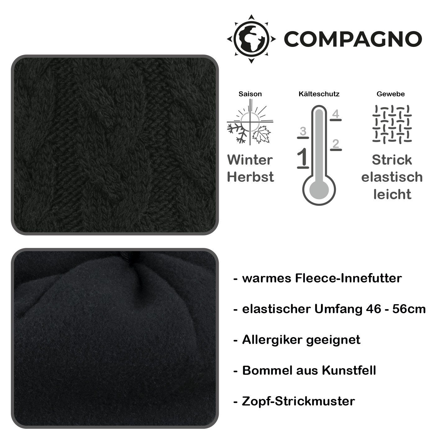 compagno Bommelmütze (1-St) Wintermütze gefüttert Strickmütze Damen Mütze Winter Beanie