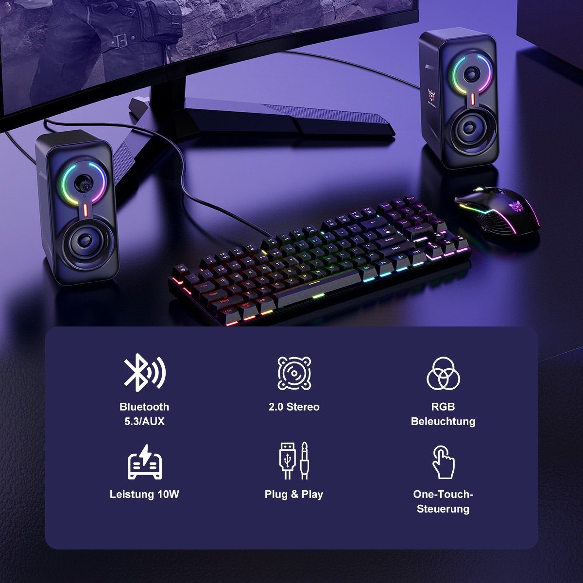 7Magic 2.0 PC-Lautsprecher (Bluetooth, 3,5 mm AUX Klinke, 10 W, Boxen mit USB-Stromversorgung, RGB LED Licht Speaker Set)