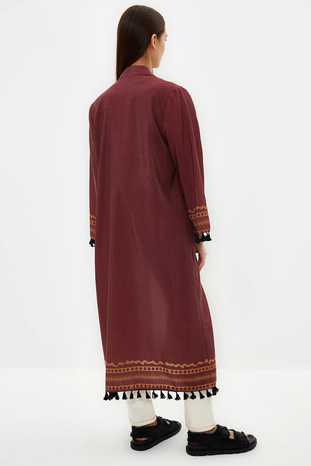 Trendyol Modest  Brauner, ethnisch gemusterter, langer, gewebter Kimono und Kaftan aus Baumwollmischung TCTSS23KK00012