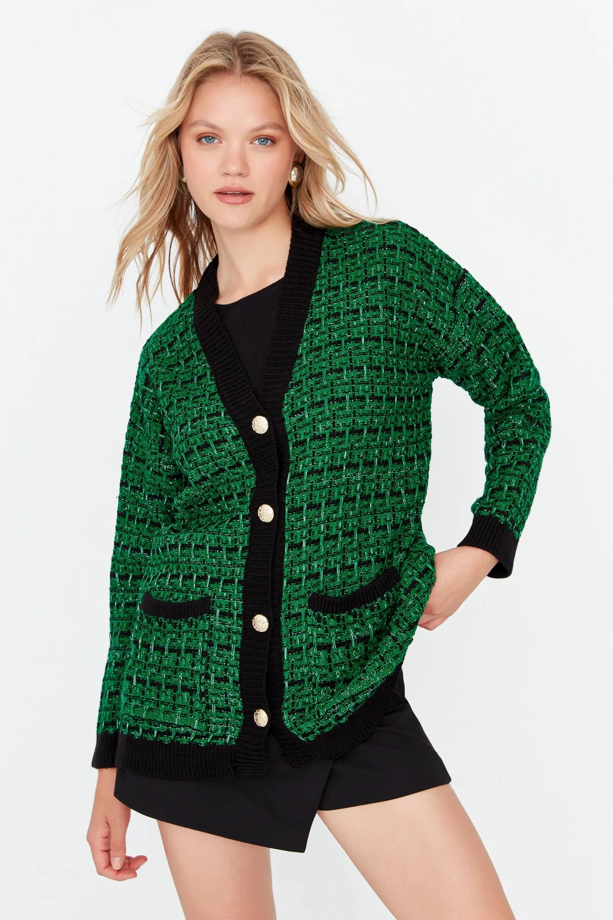 Trendyol Collection  Grüner, glitzernder Strickcardigan in Tweed-Optik mit weiter Passform TWOAW21HI0250