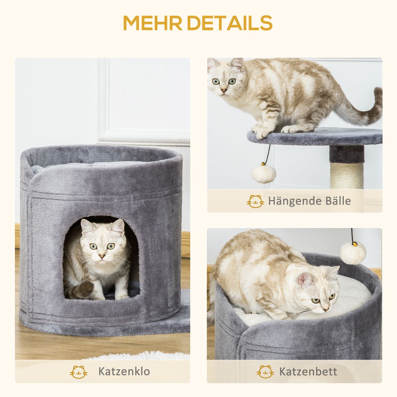 PawHut Kratzbaum Katzenbaum mit Katzenhöhle Spielball Katzenkratzbaum Sisalseil-Kratzstangen Grau 55 x 36 x 59 cm