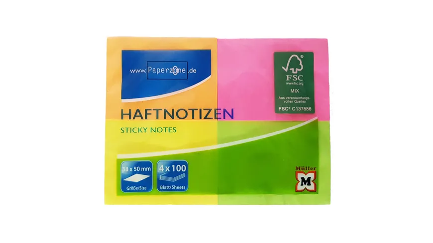 PAPERZONE Haftnotizen neon 38x50mm 4x100Blatt