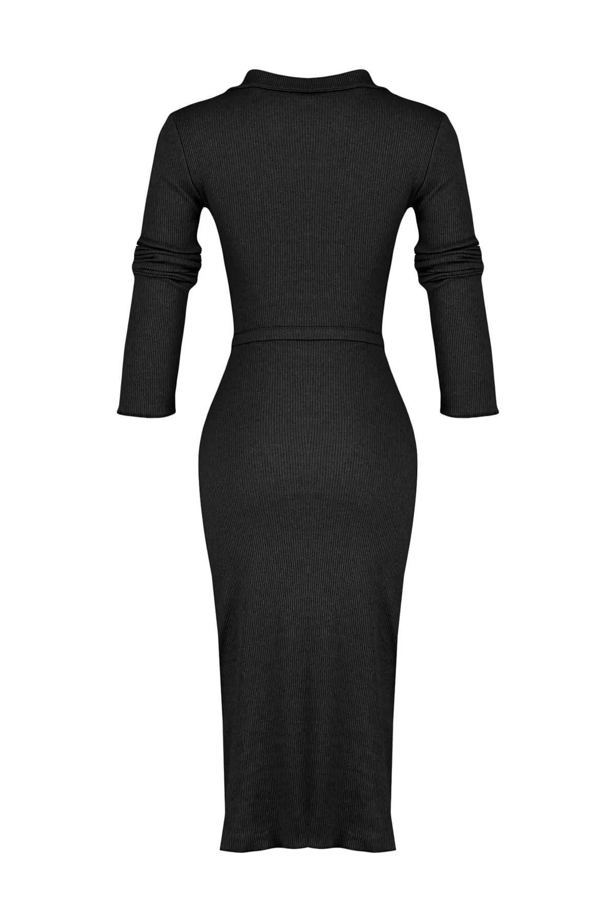 Trendyol Collection  Schwarzes, langärmeliges, geripptes, dehnbares Midi-Strickkleid mit Polokragen und Knöpfen TWOAW23EL00115