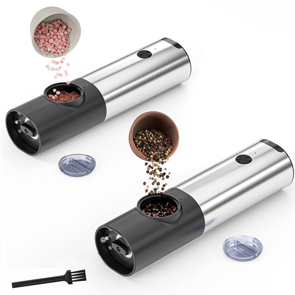 AKKEE Pfeffermühle Salz und Pfeffermühle Elektrisch mit Basis,Wiederaufladbare USB Elektrische Salz und Pfeffermühlen Set, (1 Stück), LED-Licht,Edelstahl-Einhand-Küchenhelfermühle