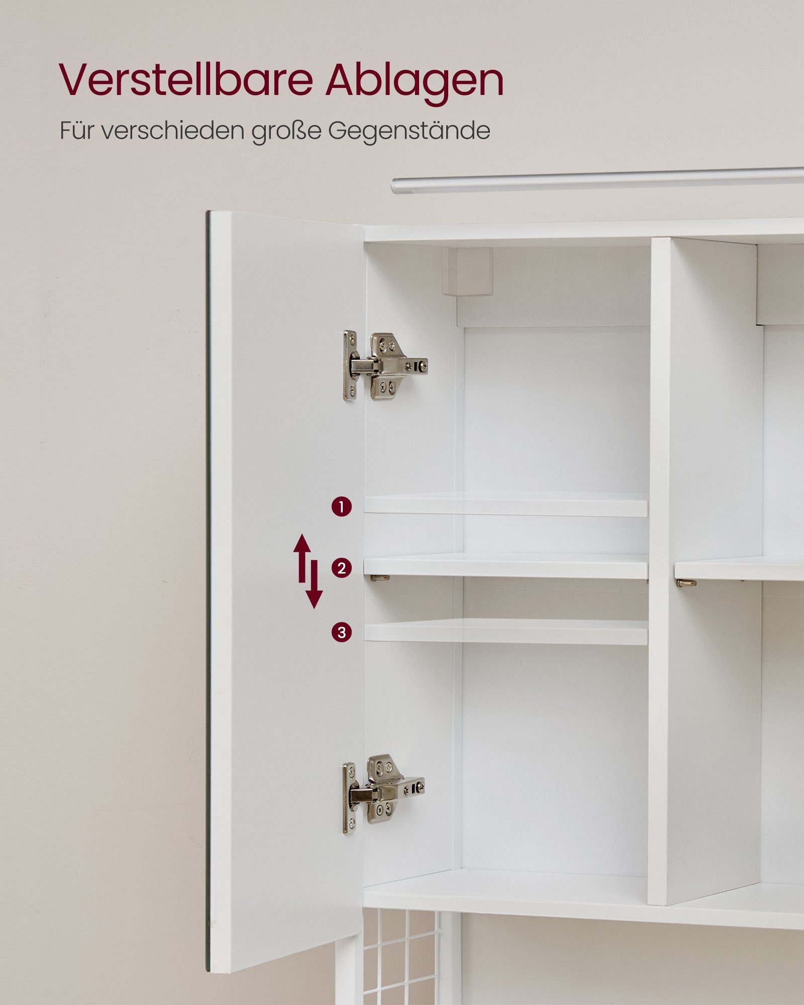 VASAGLE Spiegelschrank Badezimmerschrank mit Beleuchtung, Kabel