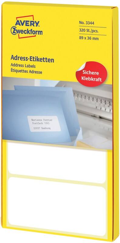 AVERY Zweckform 3344 Adressetiketten Spezial Weiß 89 x 36 mm 80 Blatt à 4 Etiketten