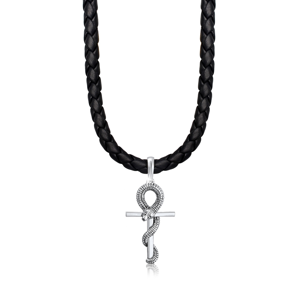KUZZOI KUZZOI Collier Herren Kreuz Schlange Leder Oxidiert 925 Silber collier