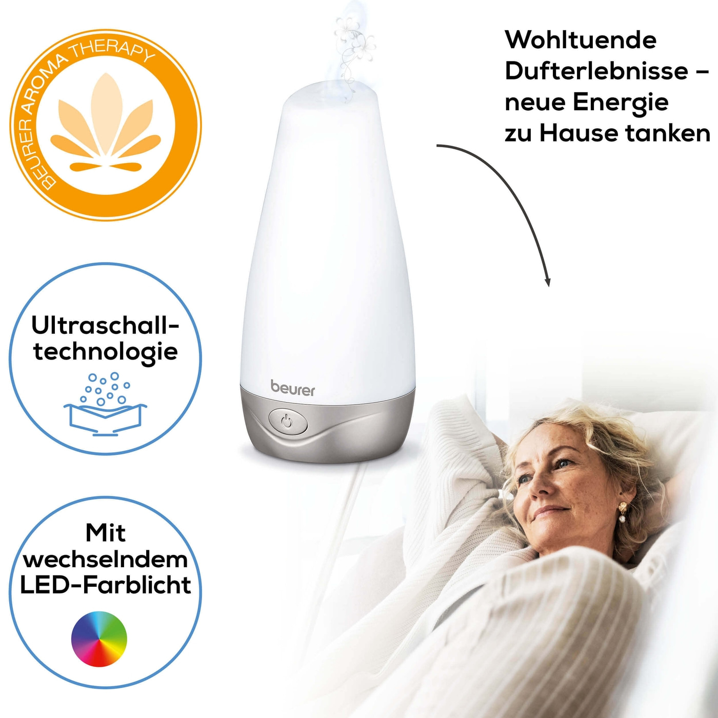 Beurer Aroma Diffuser LA 30-Diffuser mit LED-Farblicht für Raumbefeuchtung & angenehmen Duft bis 15 m²