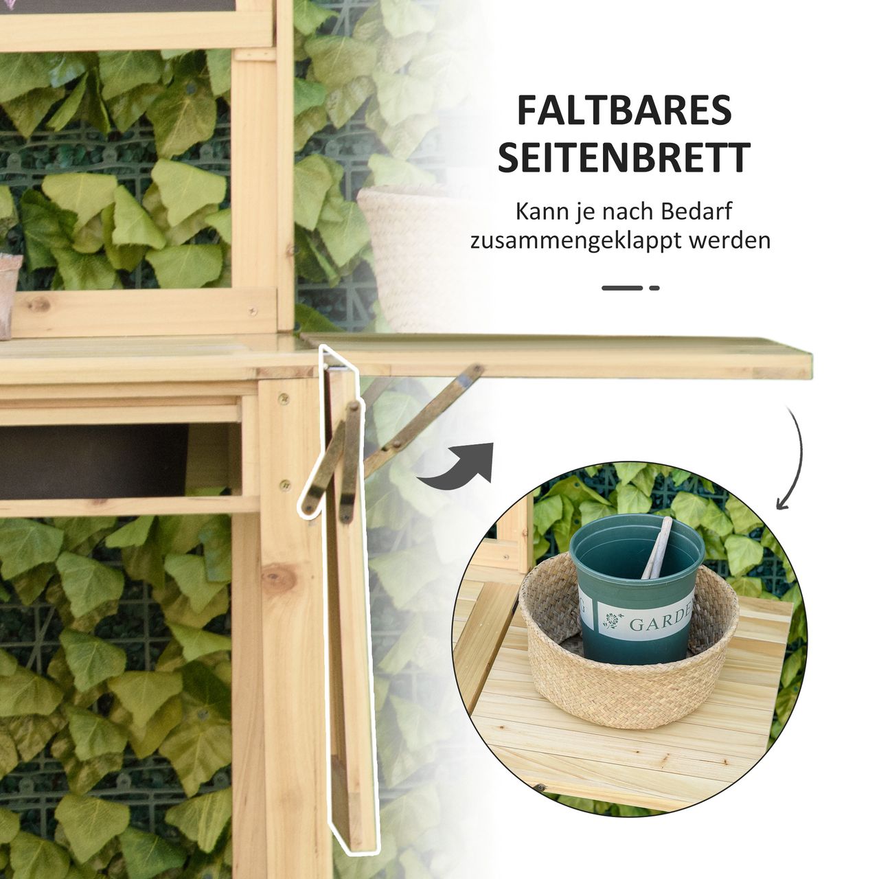 Outsunny Pflanztisch Gärtnertisch mit 8 Haken Schublade Natur 151x45,5x143 cm