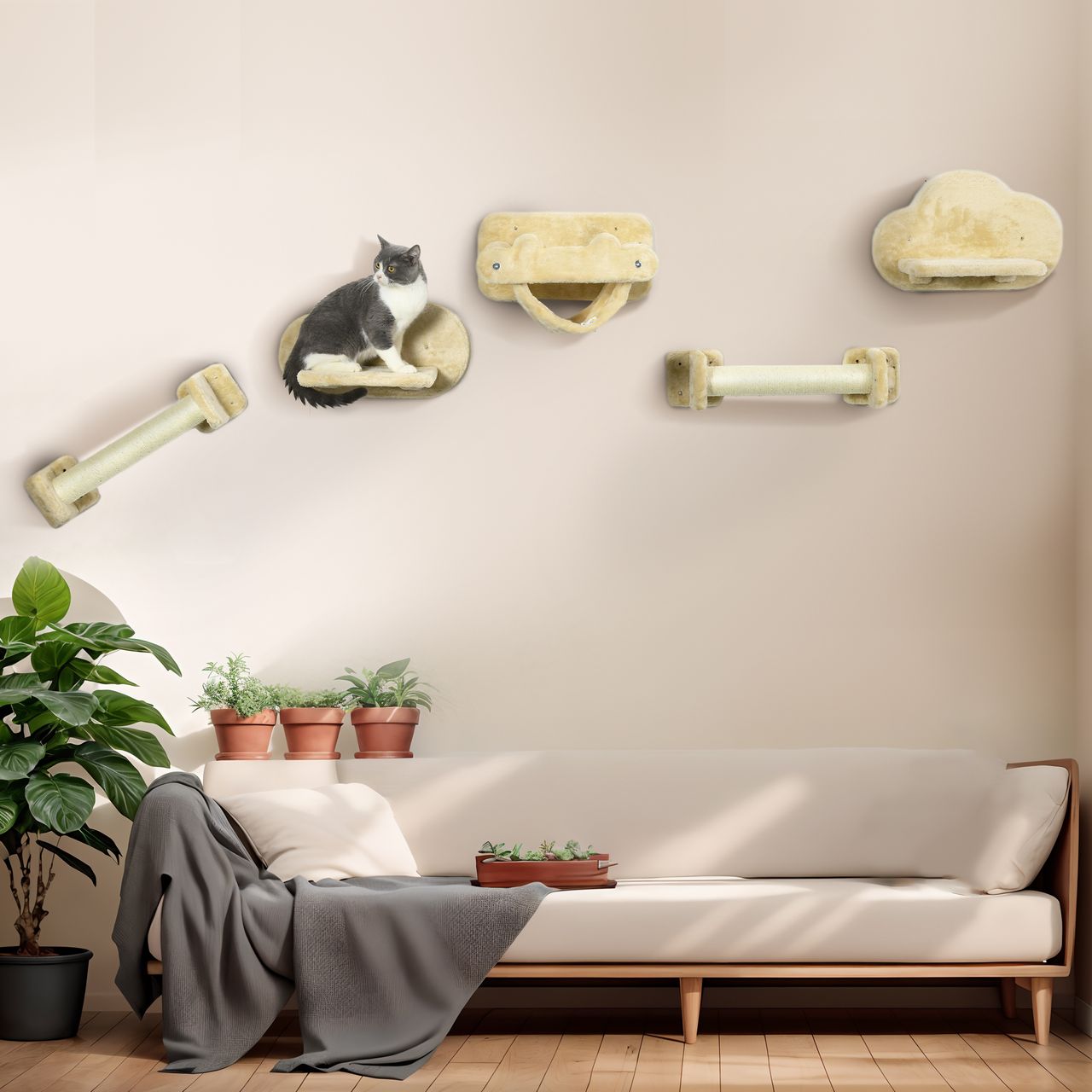 PawHut Katzentreppen-Set 2 Kratzstämme 2 Plattformen mit Plüsch Hängematte Beige