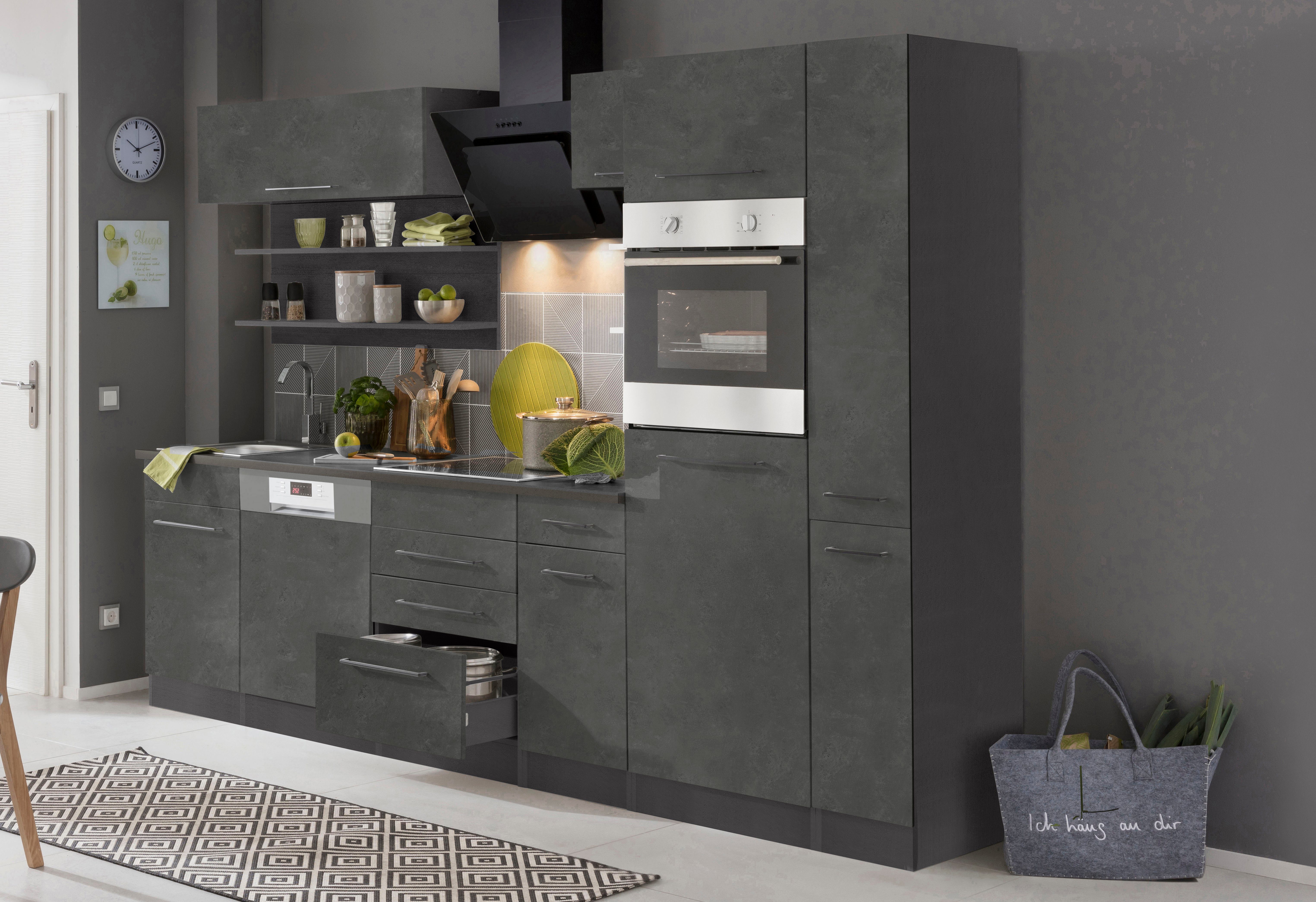 HELD MÖBEL Küchenzeile Tulsa, mit E-Geräten, Breite 270 cm, schwarze Metallgriffe, MDF Fronten